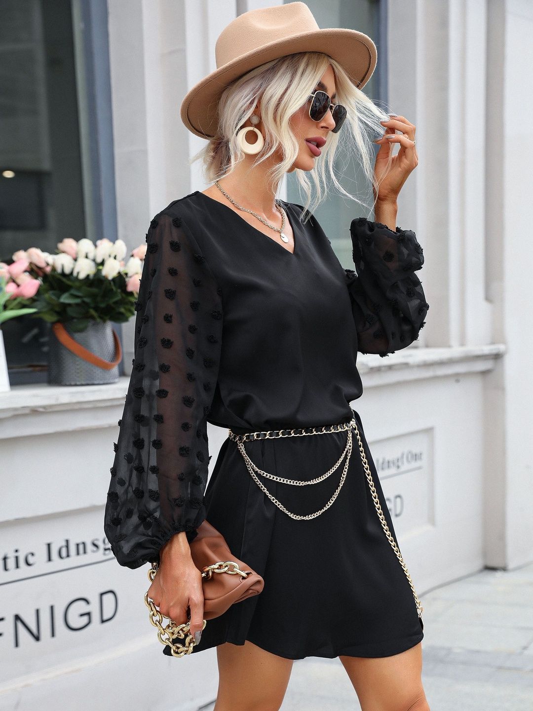 Puff Sleeve Dress in Black - Nowi Korean Fashion