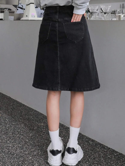 NOWI Women Charcoal Black Knee Length A-Line Skirt