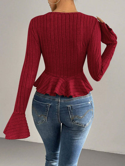 Women's Red Bell Sleeve Ruffles Cotton Peplum Top