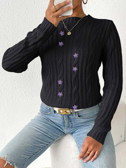 Women Cable Knit Pullover with Embroidered Detail