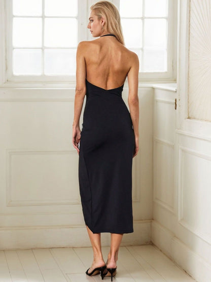 Women's Black Halter Neck Sheath Midi Dress