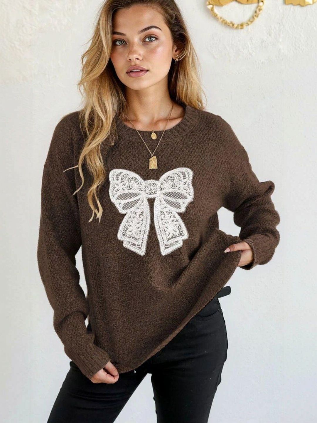 Embroidered Pullover with Embroidered Detail in Brown acrylic - Nowi Korean Fashion
