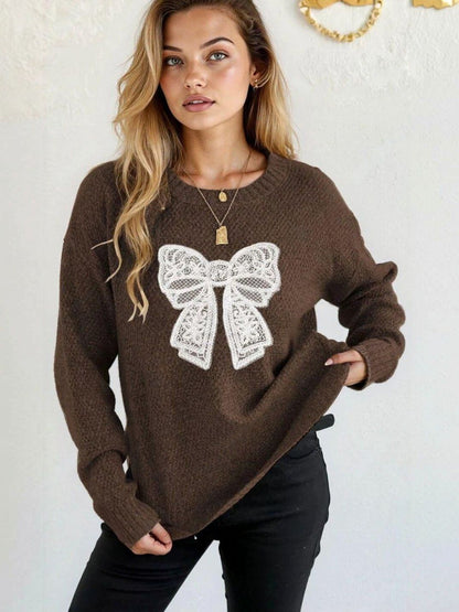 Embroidered Pullover with Embroidered Detail in Brown acrylic - Nowi Korean Fashion