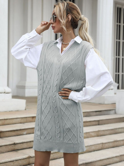 Women's Grey Cable Knit Sweater Vest Printed Regular Fit