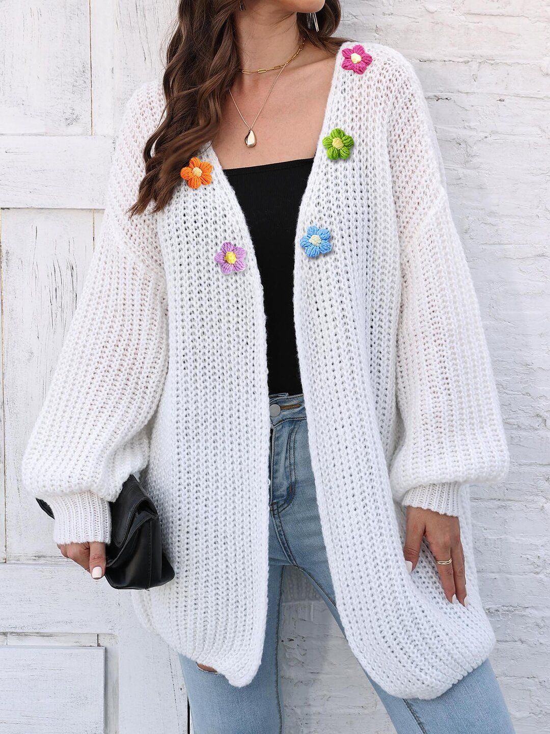 Women Ribbed Longline Cardigan with Applique Detail