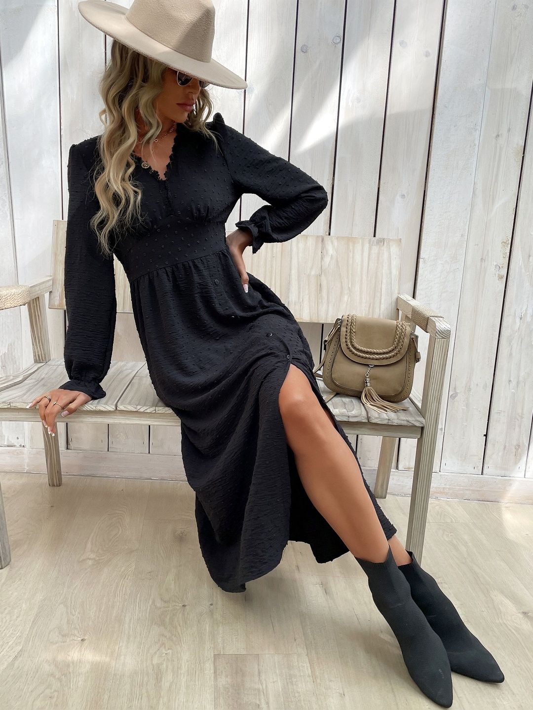 Women's Black A-Line Midi Dress Blend Printed