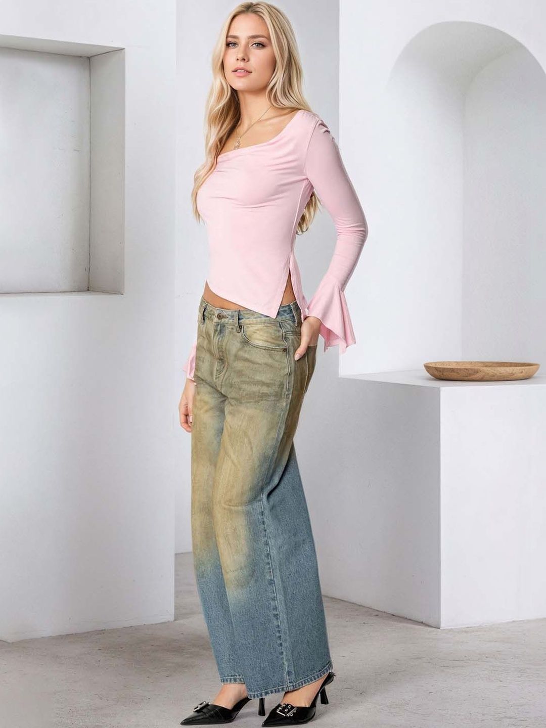 Cowl Neck Flared Sleeve Top