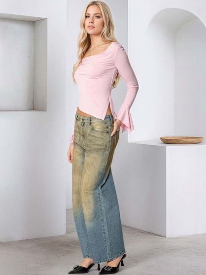 Cowl Neck Flared Sleeve Top