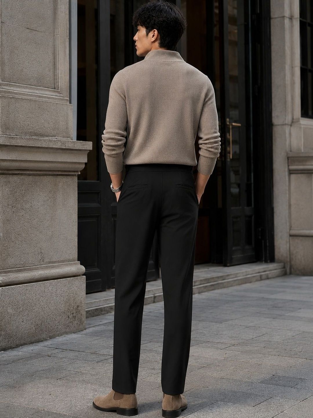 Men Tailored Straight Fit Pleated Trousers
