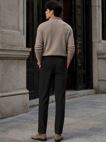 Men Tailored Straight Fit Pleated Trousers