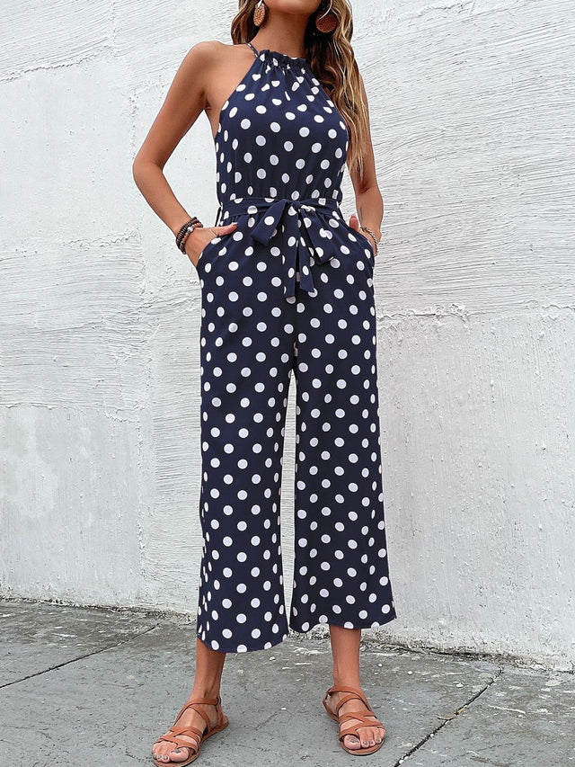 Modal Halter Neck Printed Culotte Jumpsuit in Blue - Nowi Korean Fashion
