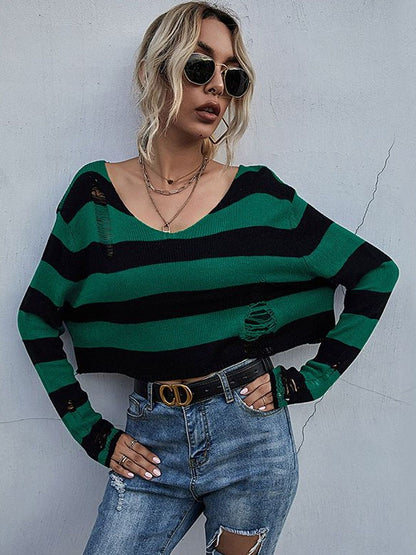 Women's Green Striped Crop Pullover With Fuzzy Detail