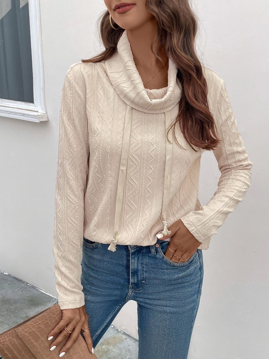 Women Turtle Neck Self Design Sweatshirt