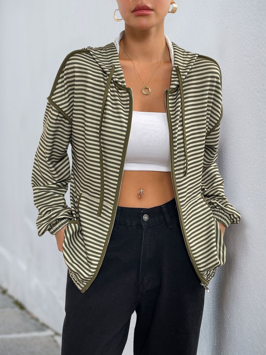 Women Striped Hooded Sweatshirt