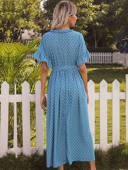 Polka Dot Print Flutter Sleeve Fit & Flare Midi Dress