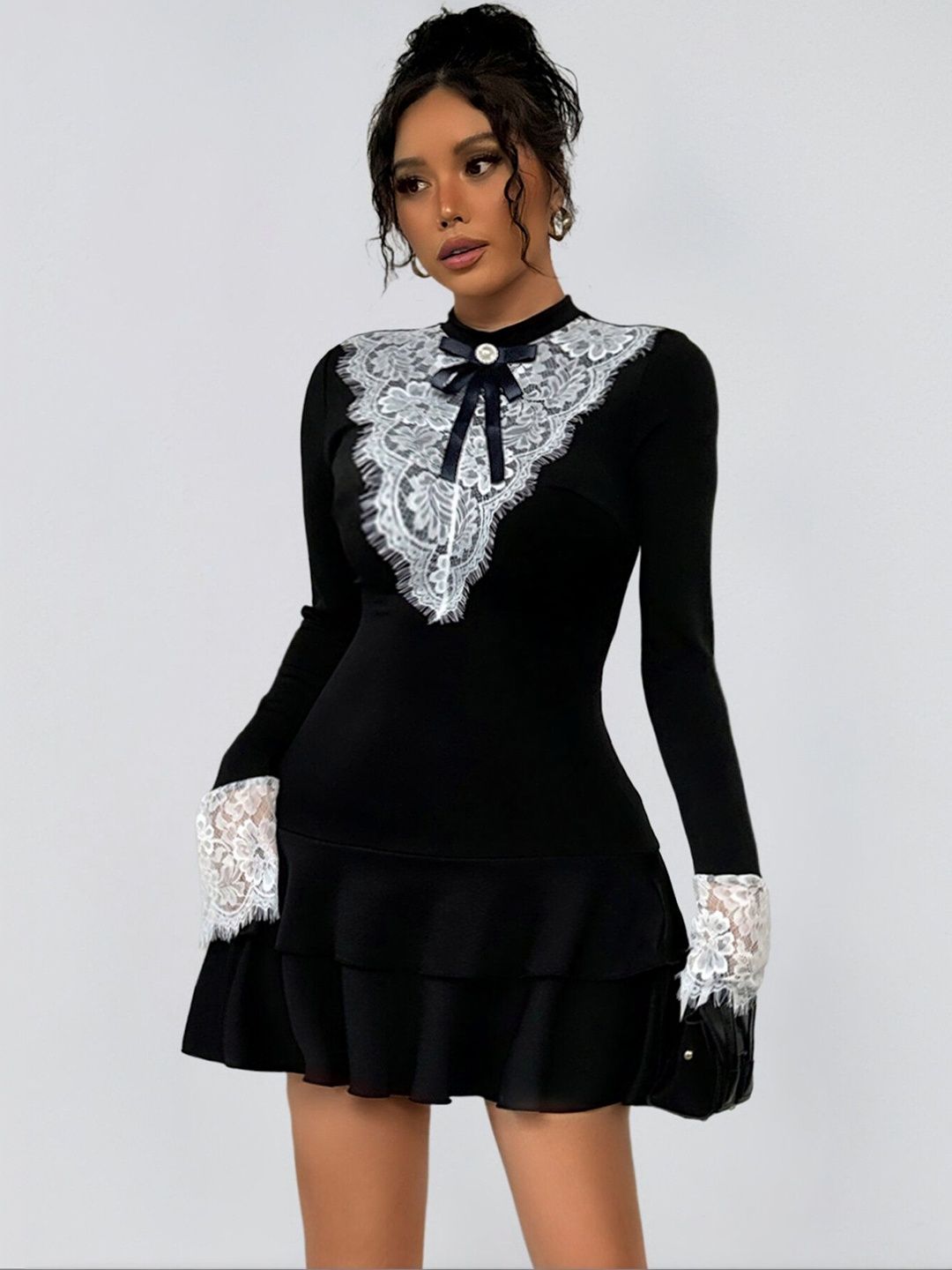 Women's Black Ruffled Fit & Flare Mini Dress Blend
