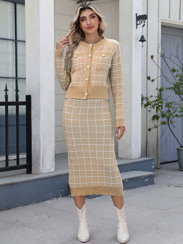 Knitted Checked Sweater with Skirt in Beige - Nowi Korean Fashion
