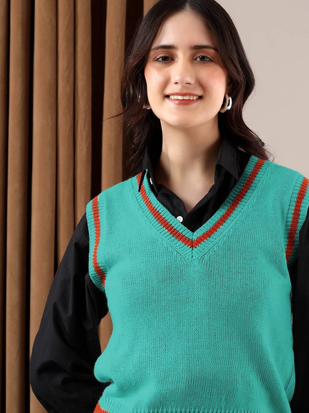 NOWI Women Striped Woollen Crop Sweater Vest