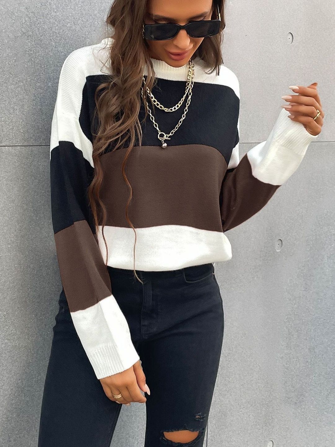 Colourblocked Pullover in Brown Style 185 - Nowi Korean Fashion