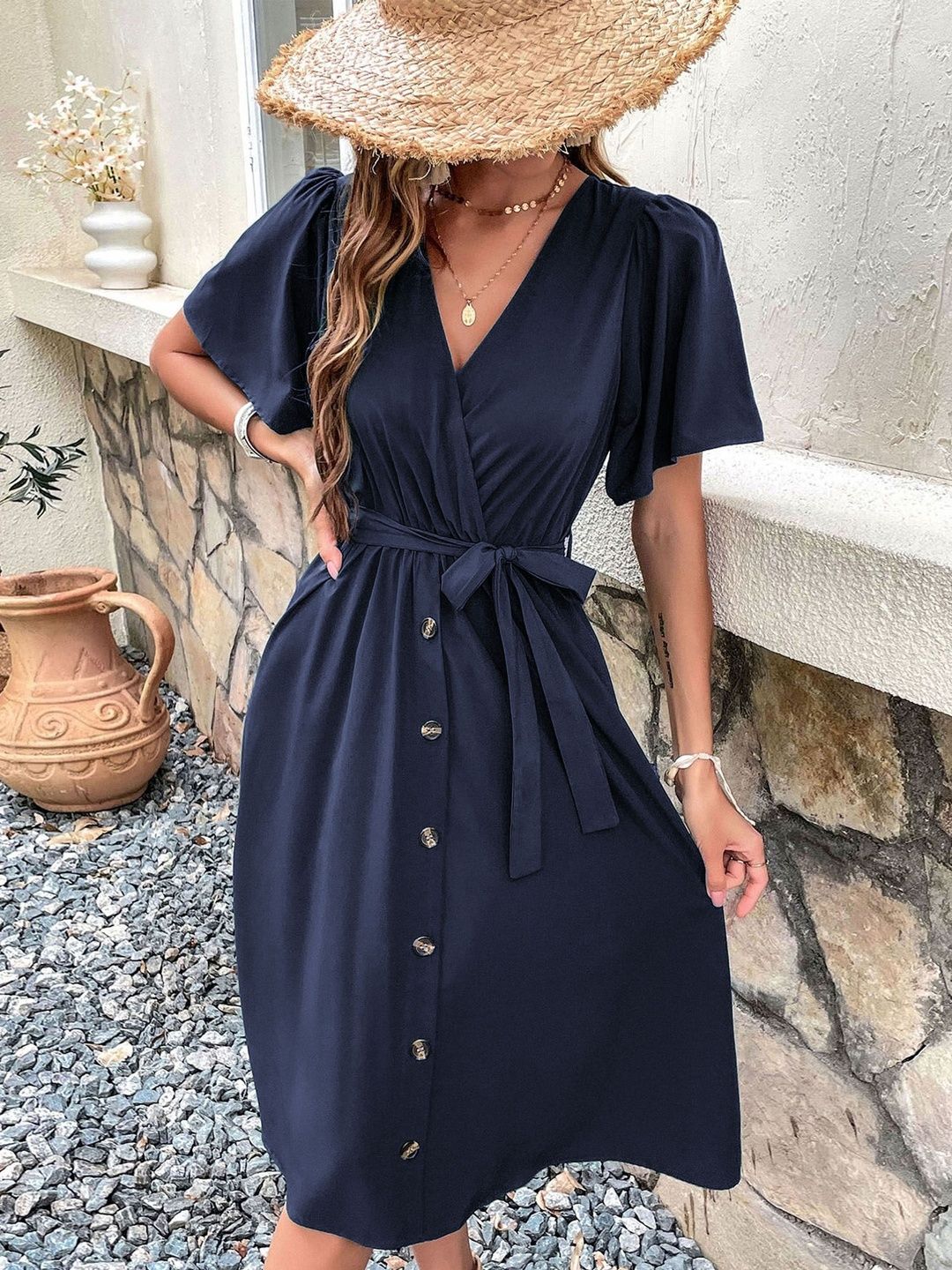 Flared Sleeve Fit & Flare Midi Dress