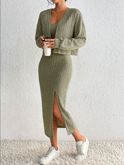 Olive Green Striped Co-ords with Sweater and Skirt