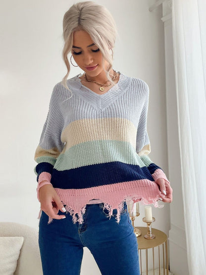 Women's Pink Colourblocked Pullover With Fringed Detail