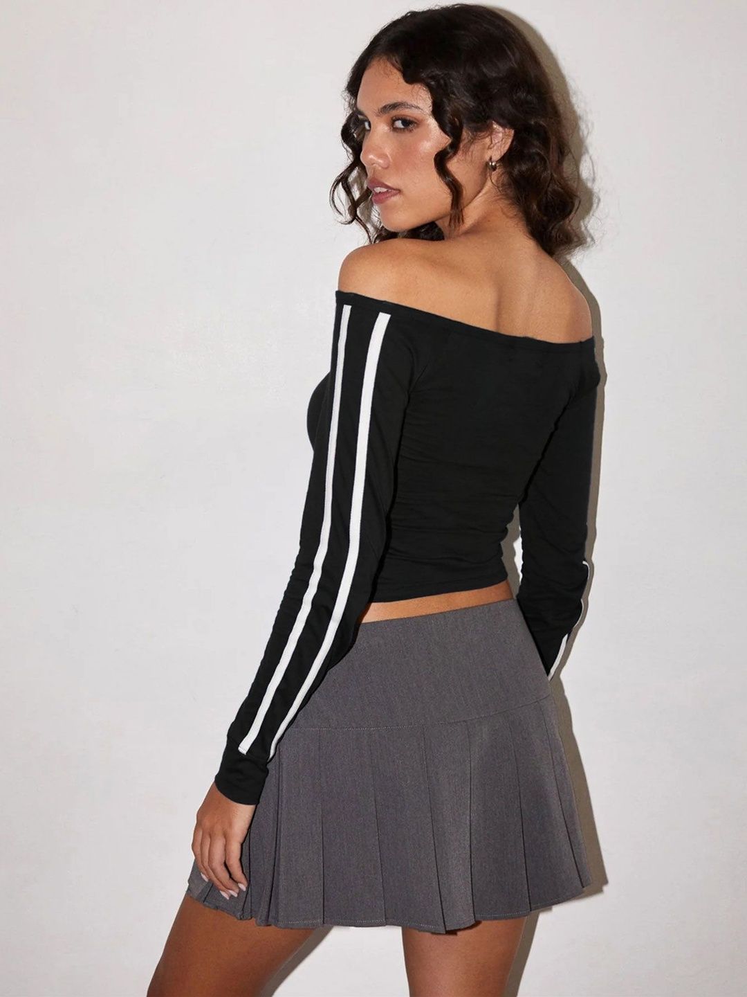 NOWI Striped Off-Shoulder Cotton Crop Top