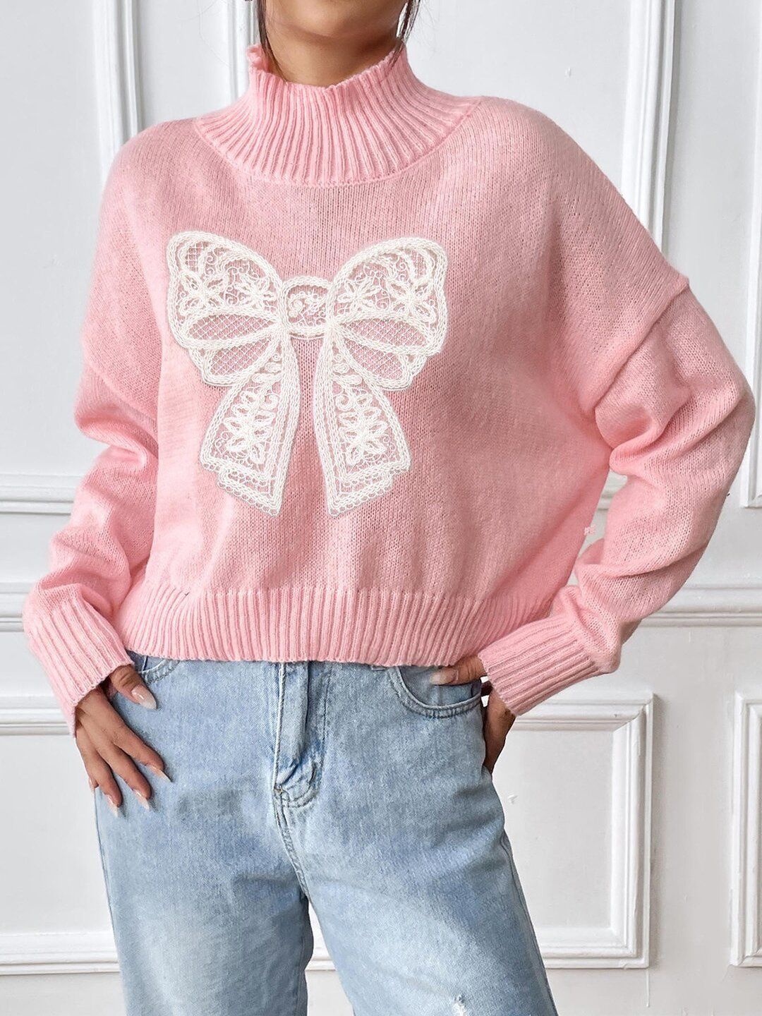 Women Embroidered Crop Pullover with Embroidered Detail