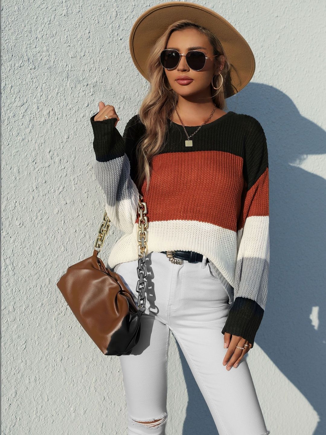 Women's Brown Colourblocked Pullover Blend Printed