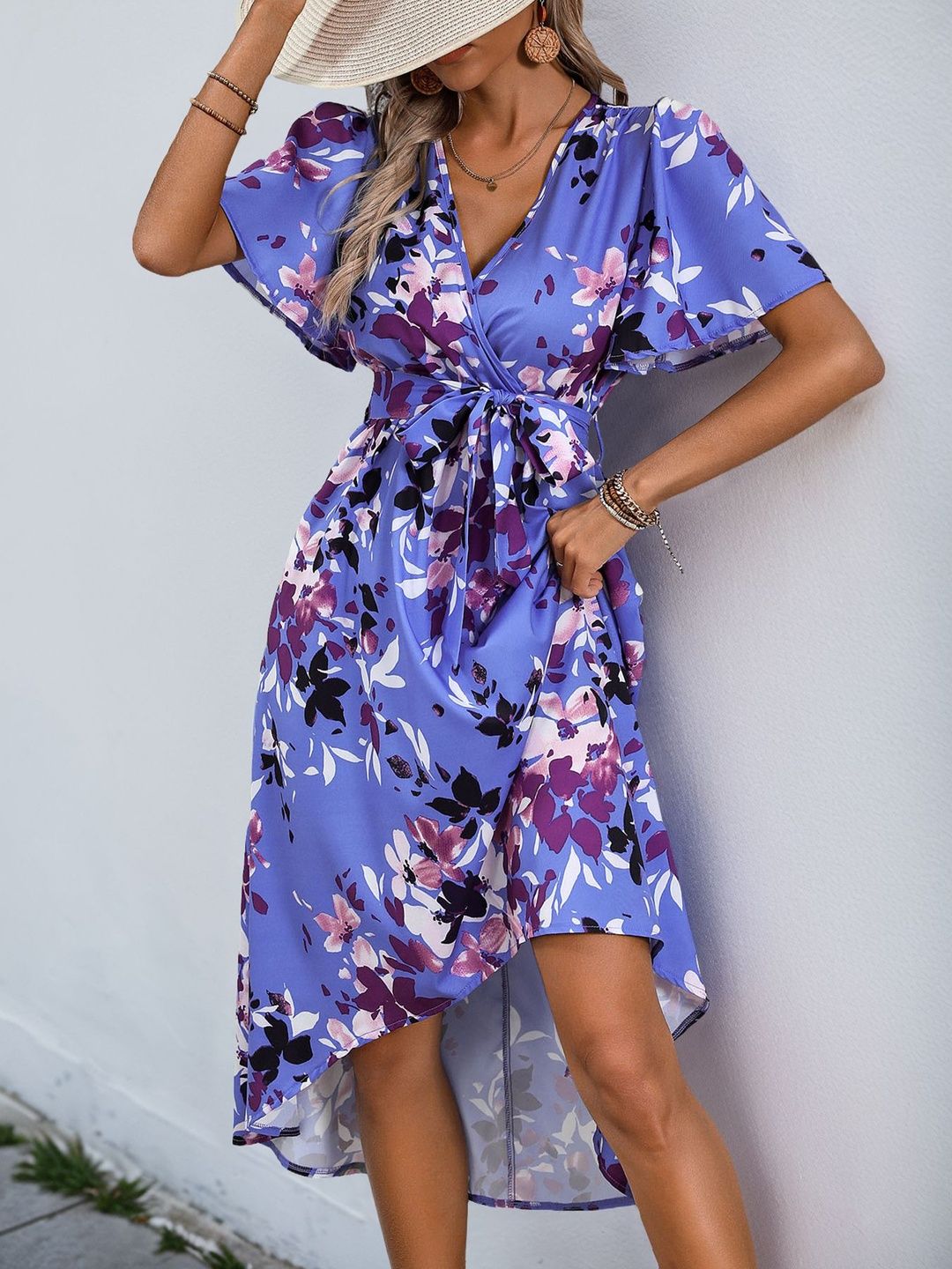 Floral Print Flutter Sleeve Midi Dress in Blue polyester - Nowi Korean Fashion