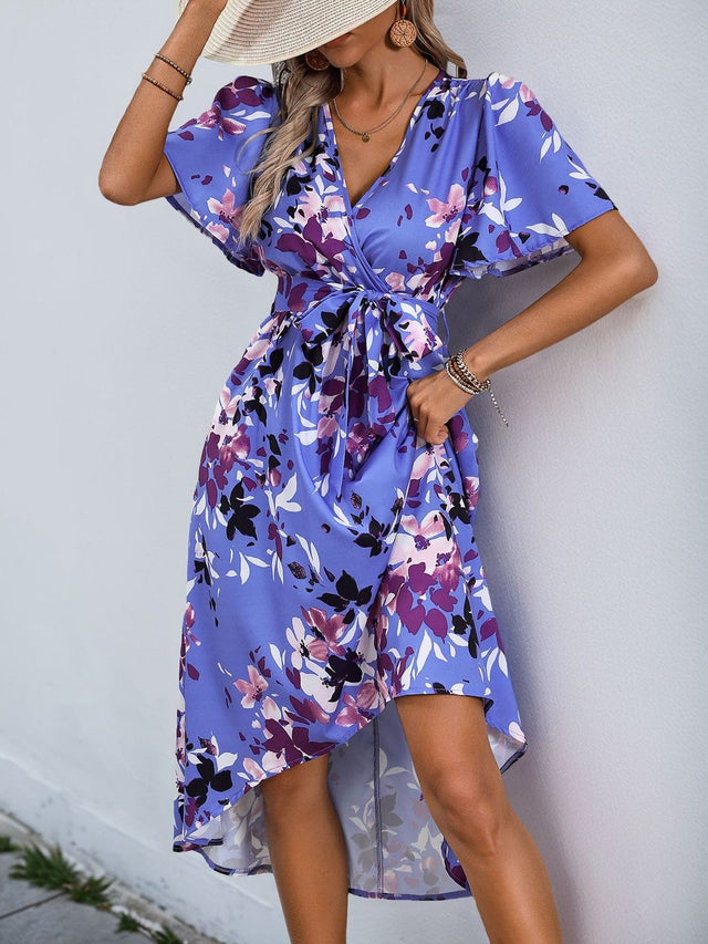 Floral Print Flutter Sleeve Midi Dress in Blue polyester - Nowi Korean Fashion