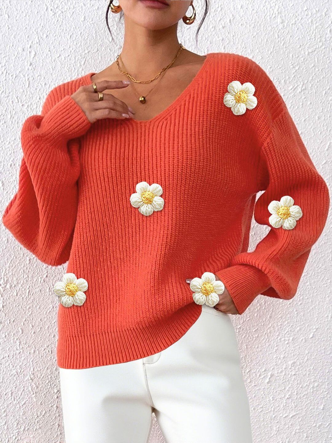 Women Ribbed Pullover with Embroidered Detail