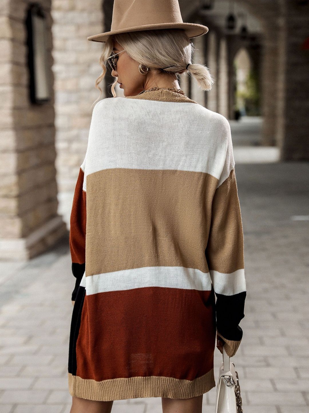 Women's Brown Colourblocked Cardigan Blend Printed