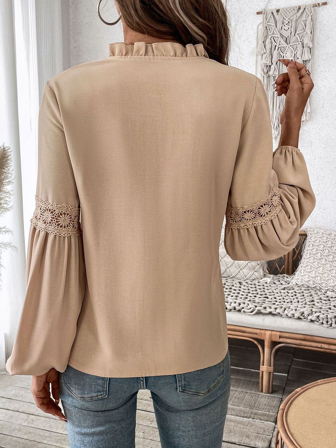 Women's Beige Tie-Up Neck Bishop Sleeves Top