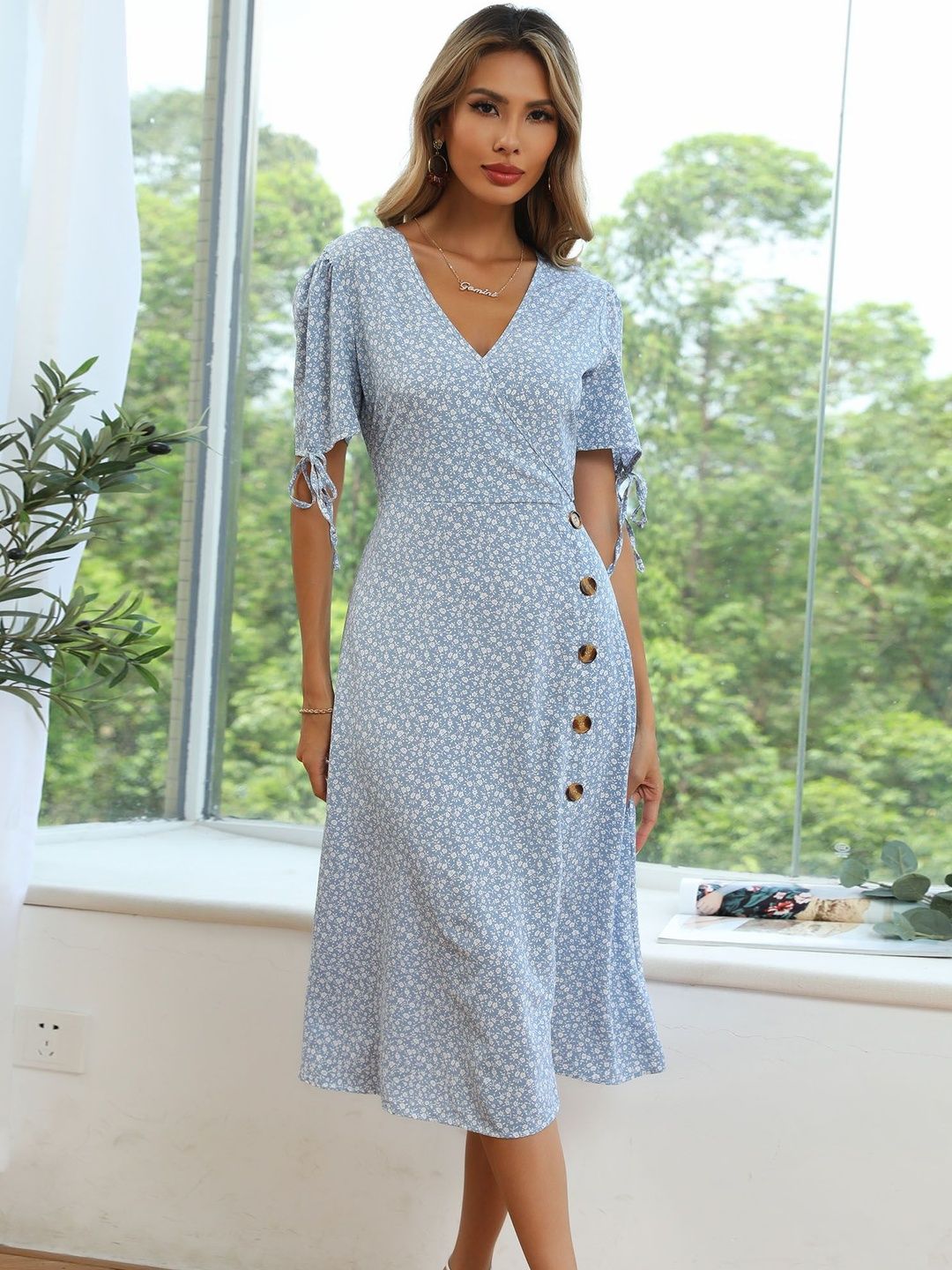 Floral Print Puff Sleeve Midi Dress