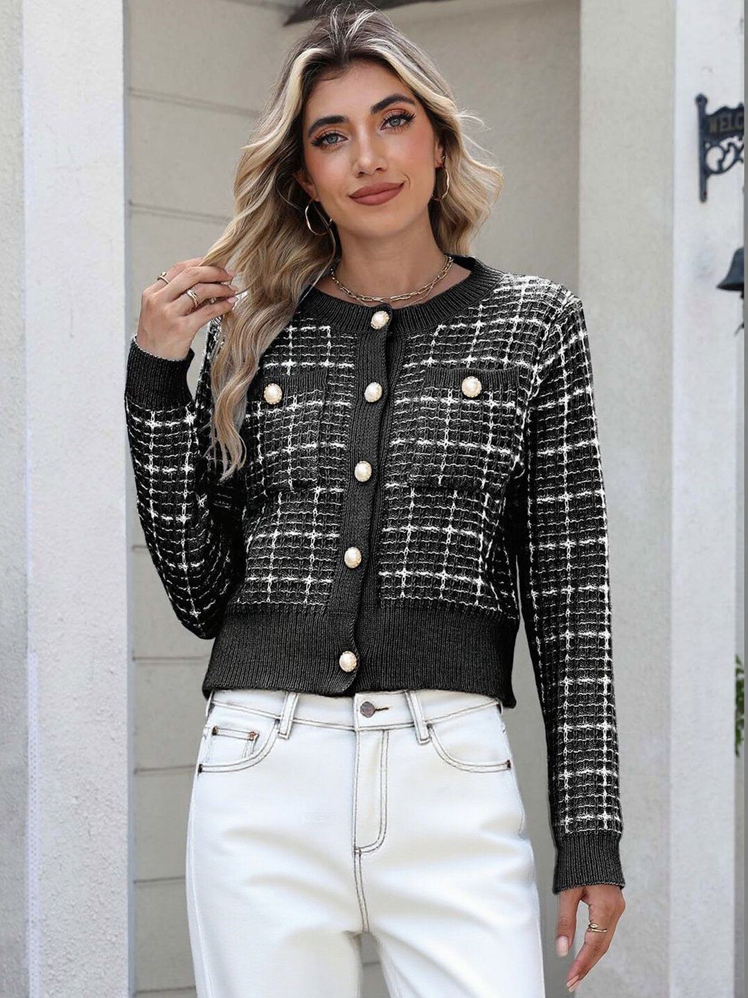 Women Checked Cardigan