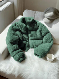 Women's Green Woollen Crop Puffer Jacket Printed Regular Fit