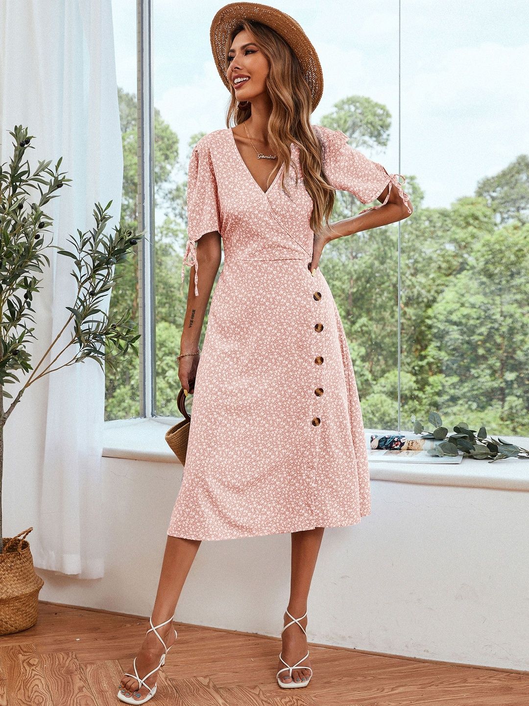 Floral Print Midi Dress in Pink cotton - Nowi Korean Fashion