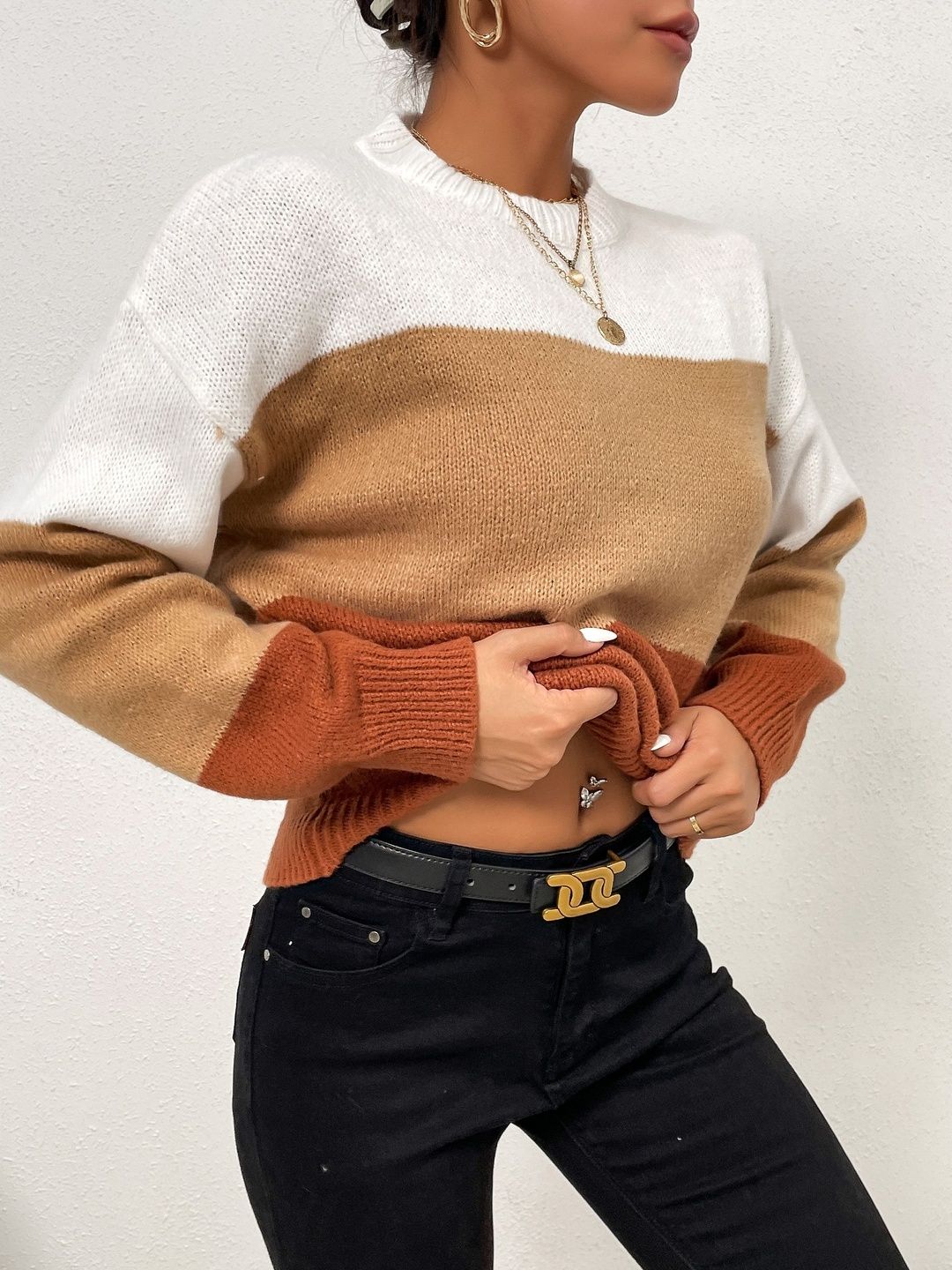 Women's Brown Colourblocked Pullover Blend Printed