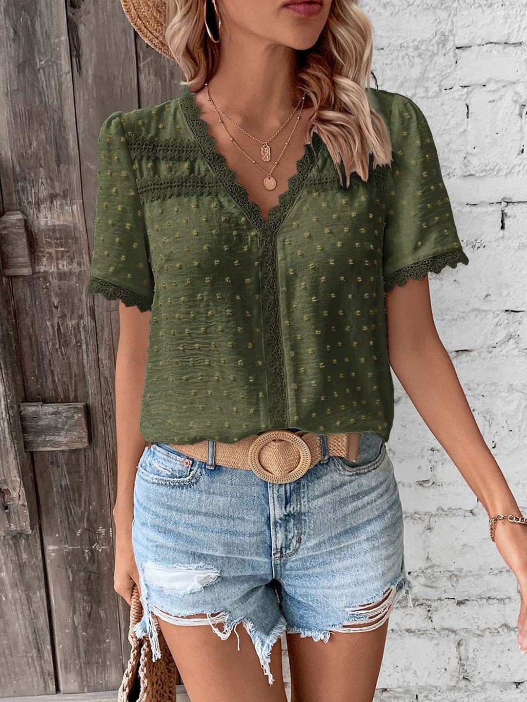 shirt new in Green; dots polyester - Nowi Korean Fashion
