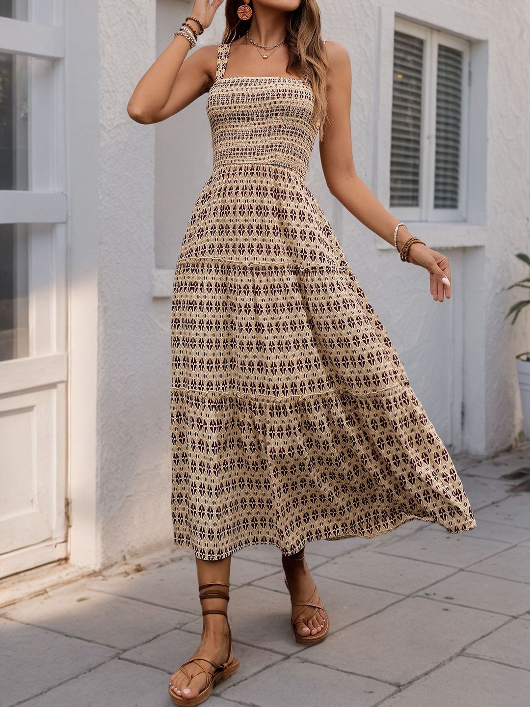 Bohemian Print A-Line Midi Dress