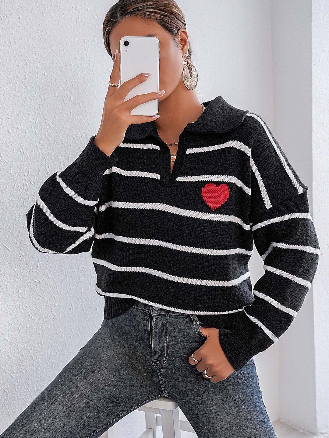 Women Striped Pullover with Embroidered Detail