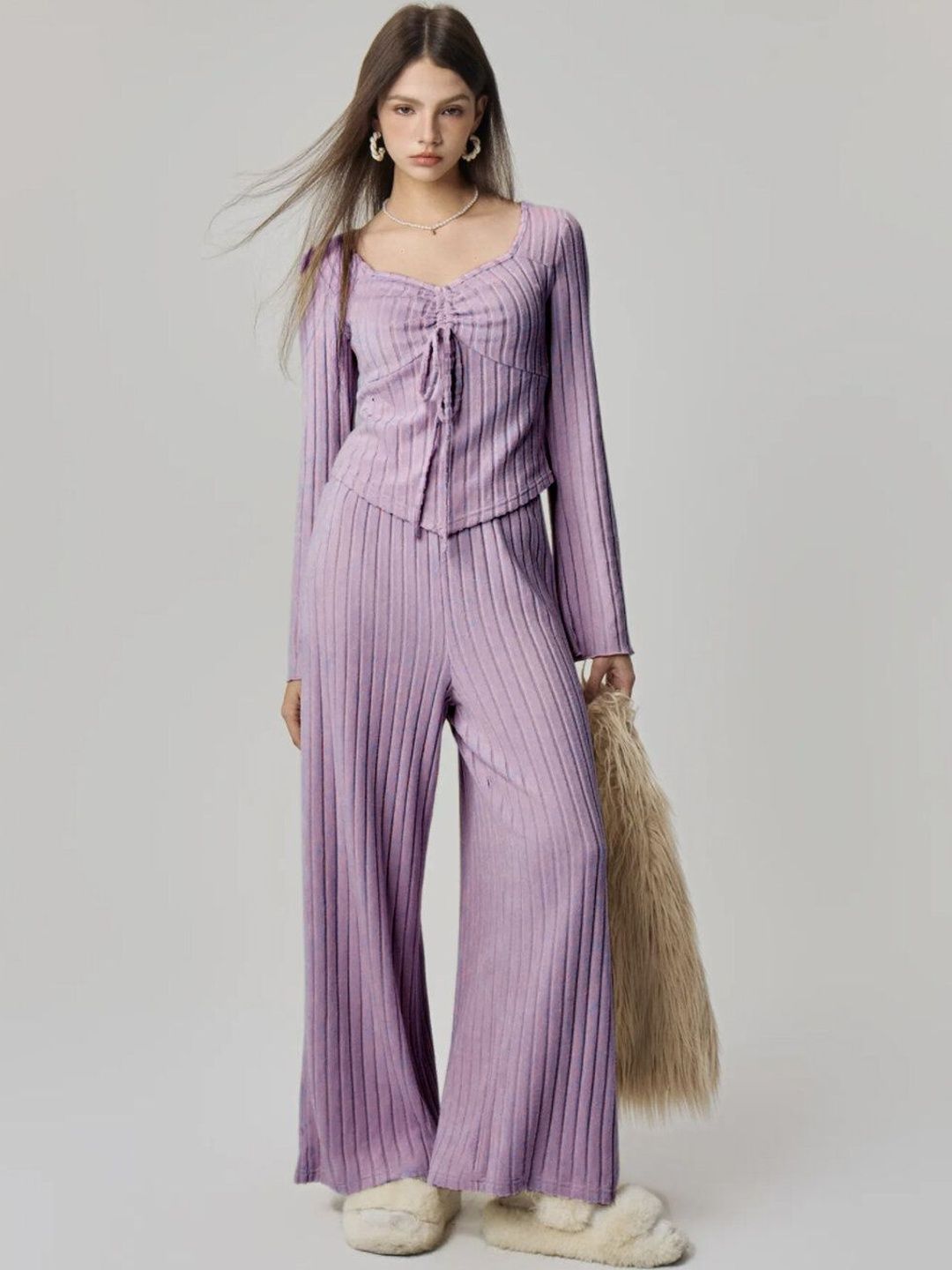 Lilac Striped Co-ords with Scoop Neck Top in Purple - Nowi Korean Fashion