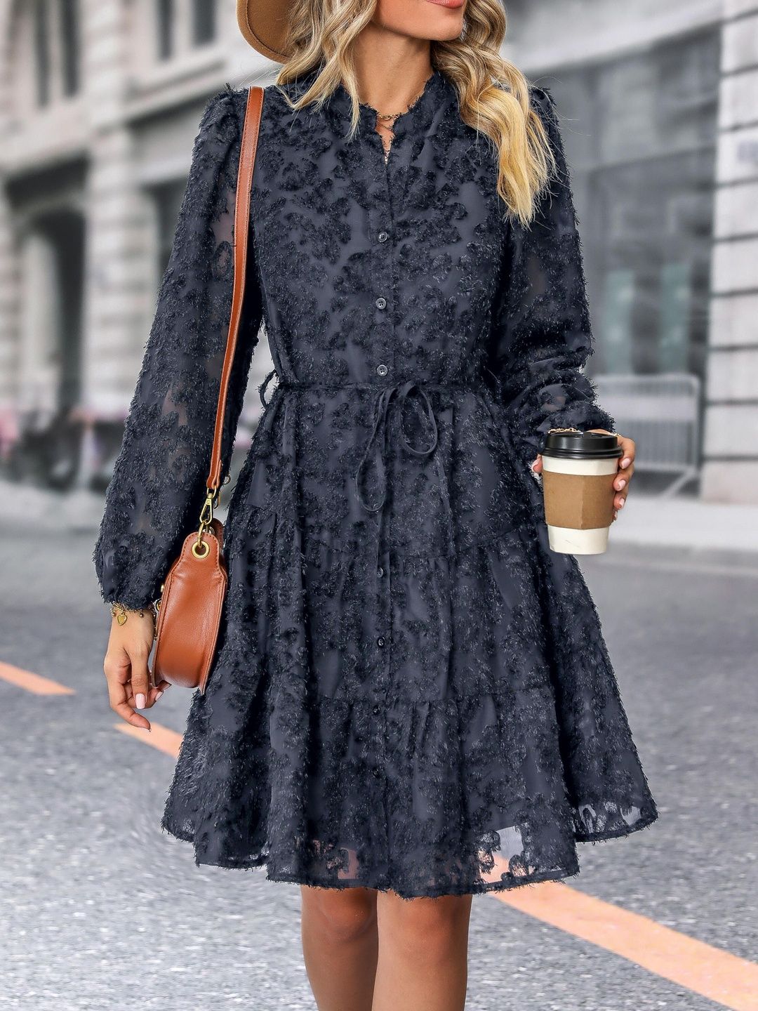 Women's Black Puff Sleeve A-Line Dress Blend Printed