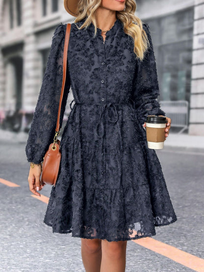 Women's Black Puff Sleeve A-Line Dress Blend Printed