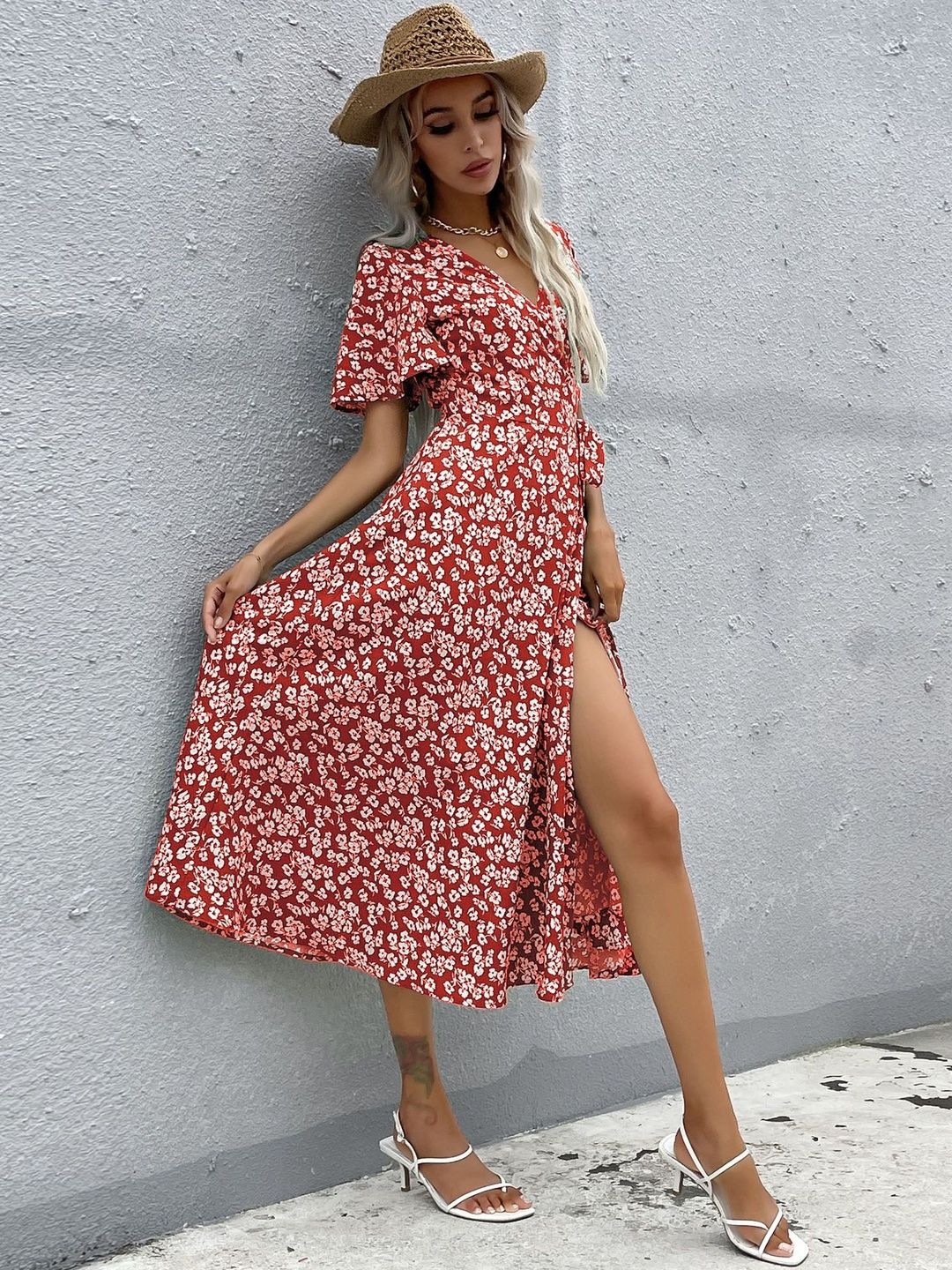 Floral Print Flared Sleeve Midi Dress
