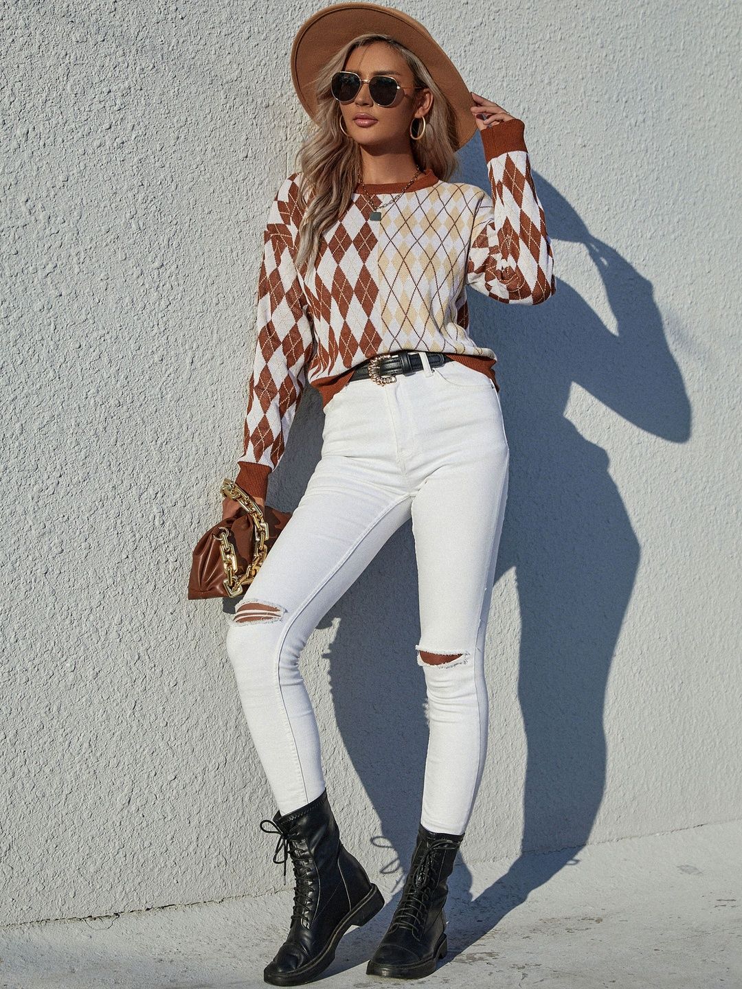 Women's Brown Argyle Checked Pullover