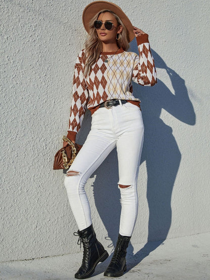 Women's Brown Argyle Checked Pullover