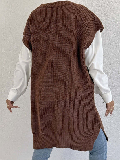 Women Ribbed Longline Sweater Vest with Applique Detail