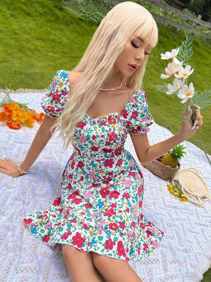 Floral Print Puff Sleeve Ruffled Fit & Flare Dress